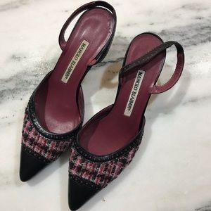 Manolo Blahnik tweed kitten heel pumps